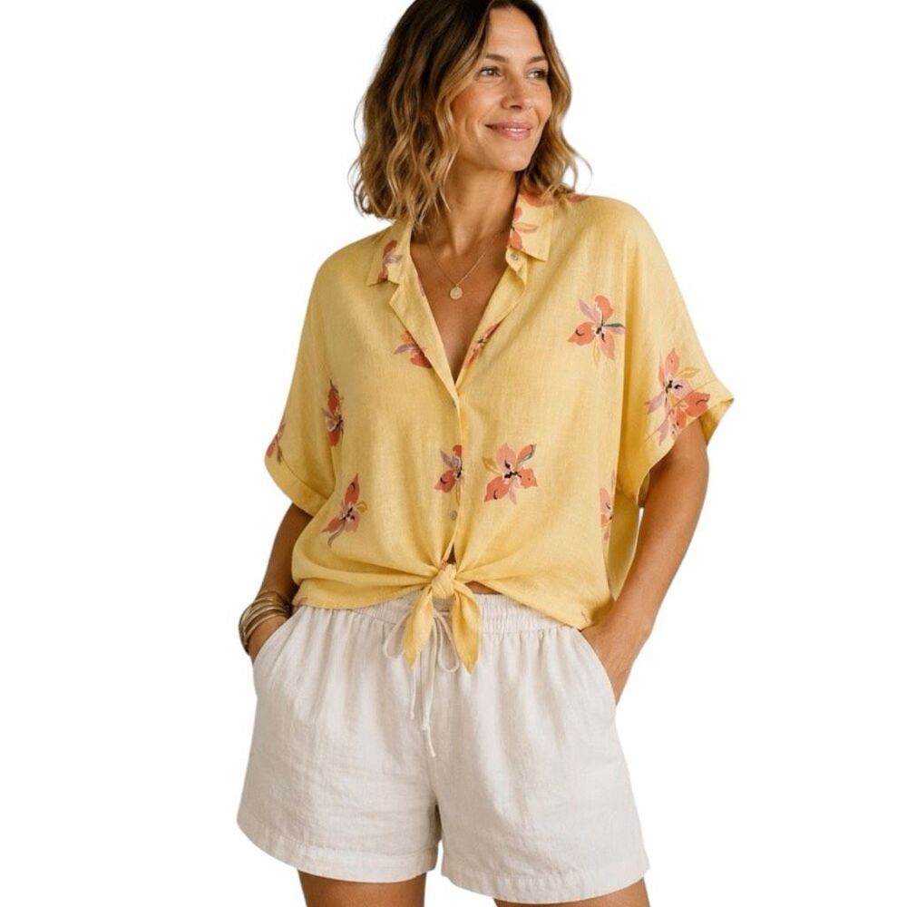 RAILS Marley Eden Tie Front Linen Blend Top Shirt Size Medium Yellow Floral